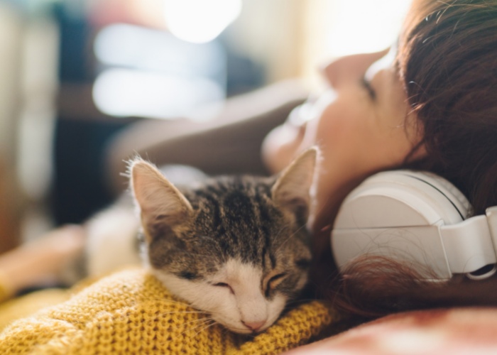 Une image attachante représentant une femme et son chat partageant un moment musical.