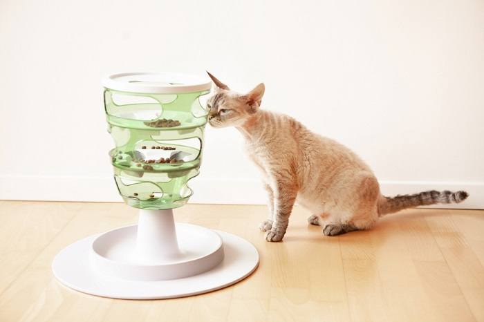 Un distributeur de nourriture puzzle pour chats, conçu pour stimuler l'engagement mental et ralentir l'alimentation, favorisant ainsi des habitudes alimentaires plus saines.