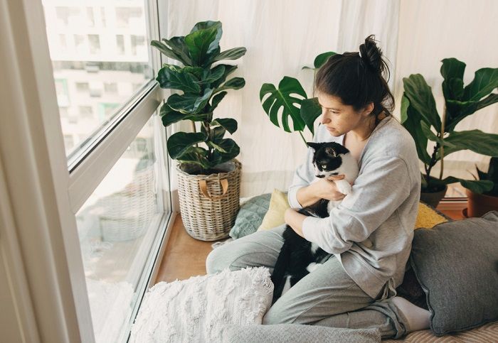 Image d'une femme passant du temps de qualité avec son chat, montrant le lien spécial entre eux.