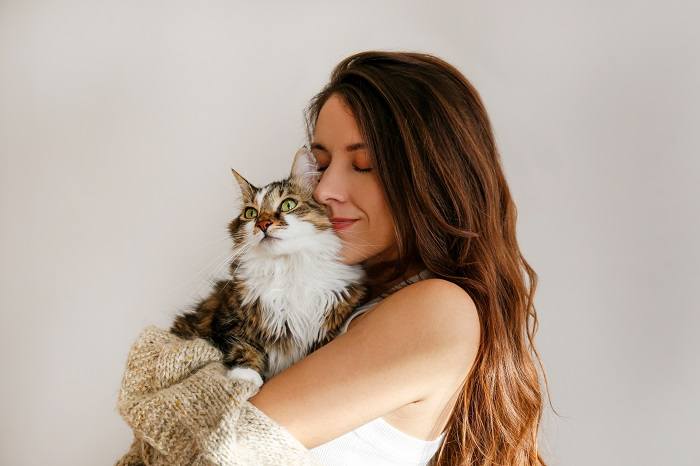 L’image représente une scène réconfortante où un chat est confortablement niché à côté d’une femme.