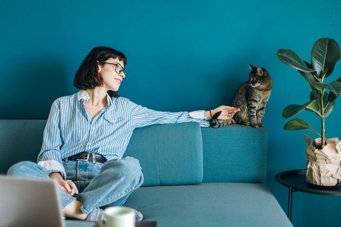 Chat et femme sur un canapé