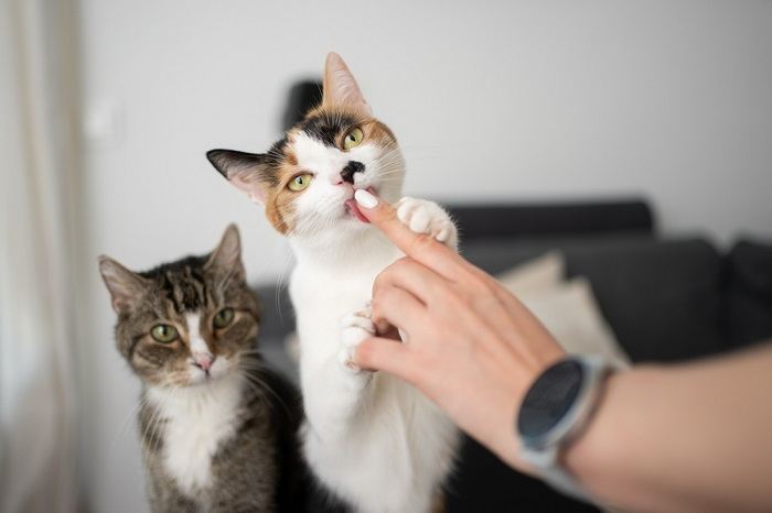 Image en gros plan d'un chat léchant la main d'une personne, mettant en évidence un moment de lien doux et de toilettage entre le chat et l'individu.