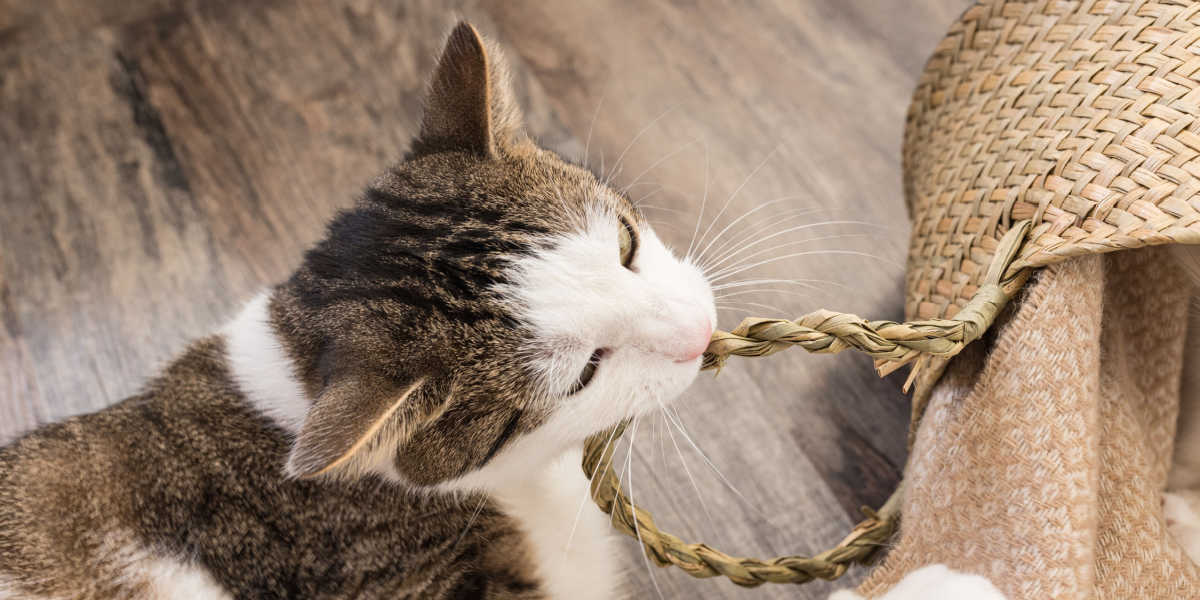 Chat qui mâche un panier