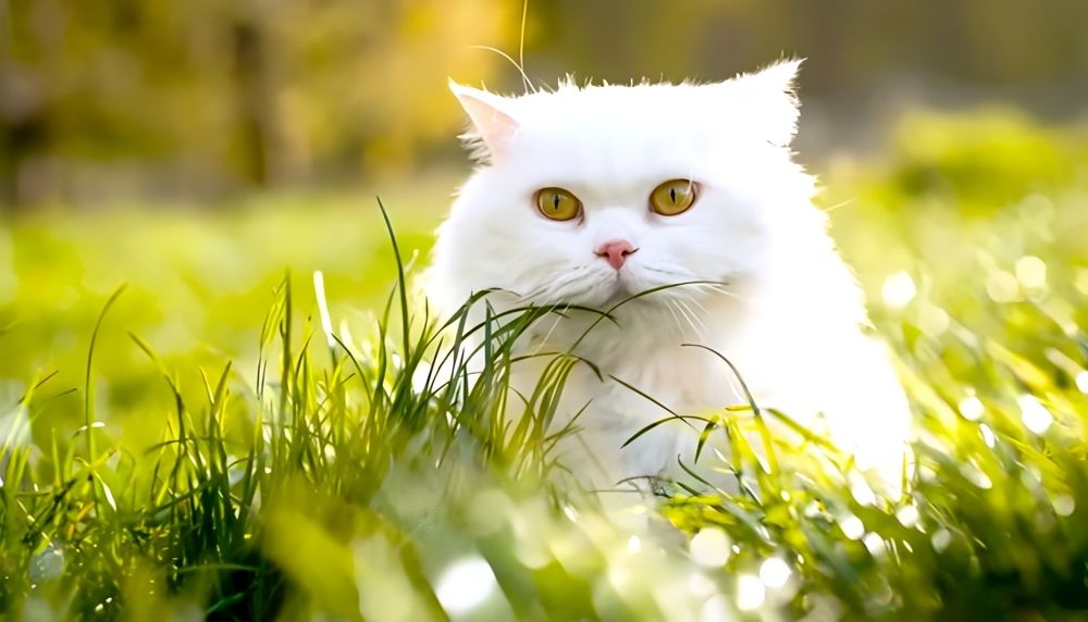 chat blanc regardant derrière l'herbe verte