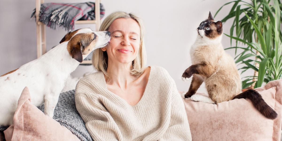 une femme se repose sur le canapé avec un chien et un chat