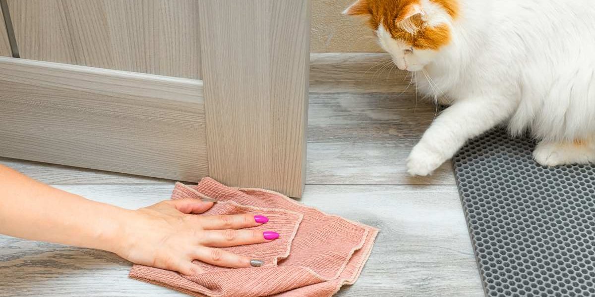 Un chat duveteux regarde son propriétaire essuyer une flaque d'urine avec un chiffon.