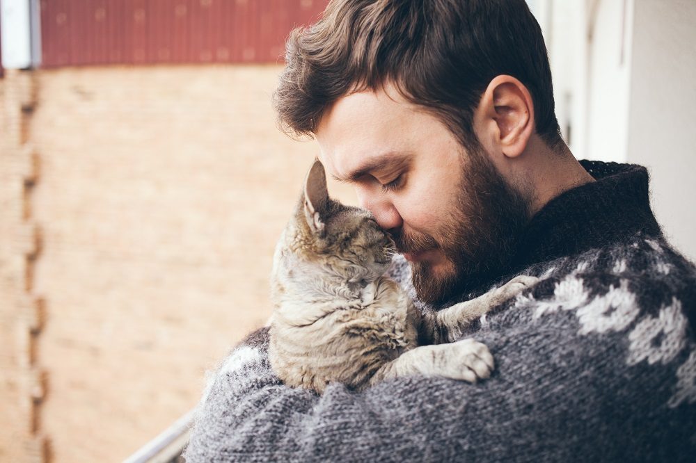 portrait d'un chat heureux aux yeux fermés et d'un jeune homme