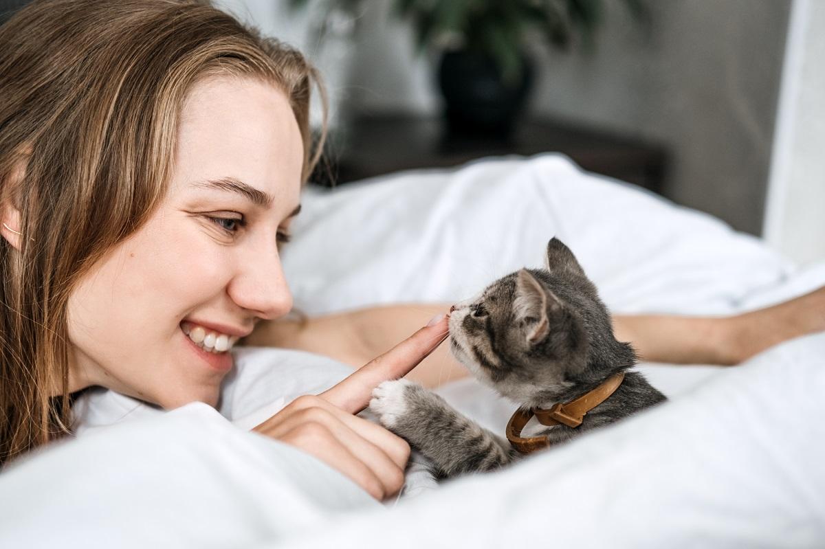 femme avec un jeune chaton